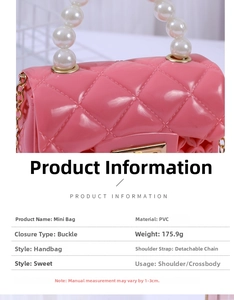 Macro shot of pink PVC jelly bag with quilted texture, pearl handle, and lock closure