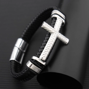 Men's braided black leather bracelet with silver metal cross and magnetic clasp