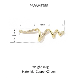 Parameter detail showing golden wave copper earring with zircon, size 32mm by 10mm