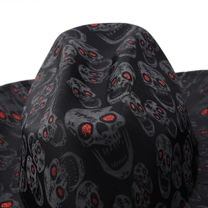 Close-up of black cowboy hat featuring red glitter skull patterns for Halloween party