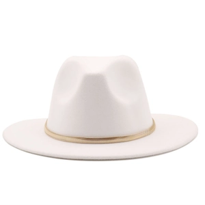 Detailed close-up of white wool fedora with a decorative golden snake chain