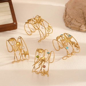 Ocean Starfish Seahorse Seashell Cuff Bracelet Stainless Steel Gold Plated Adjustable Open Bangle Jewelry For Women