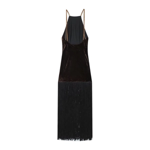 Dark brown velvet halter midi dress with open back design and long tassel hemline detail