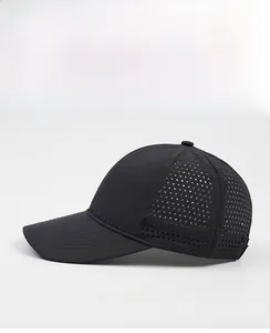 Side view of black quick-dry baseball cap featuring breathable laser-perforated mesh panels