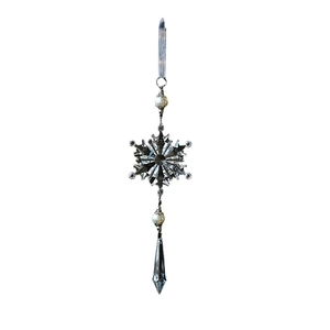 Clear acrylic snowflake ornament with silver metal detail and crystal pendant for tree