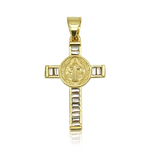 316L stainless steel gold cross pendant with square zircons and Saint Benedict medal