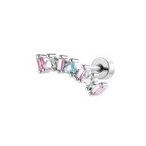 Curved ear cartilage stud with micro-set pink and light blue zircons on silver metal