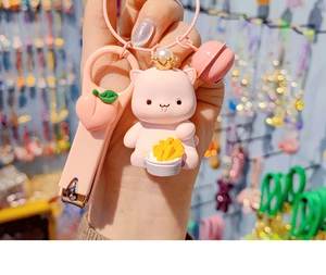 Pink cartoon cat keychain with peach pendant and mini nail clipper detail view