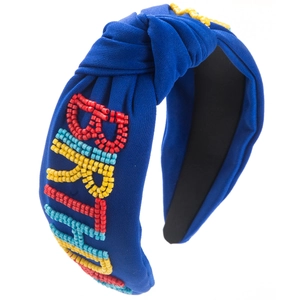 Serre-tête noué bleu foncé avec lettrage BRIDE en perles colorées fait à la main