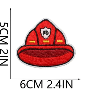 Detailed embroidery of a red fire helmet patch with dimensions of 6cm by 5cm