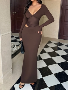 Detailed view of dark brown V-neck bodycon dress with side waist cut-out and long sleeves