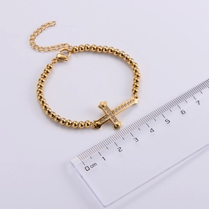 Titanium steel gold beaded bracelet with rhinestone cross pendant and scale measurement