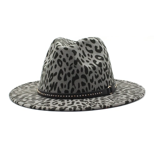 Classic wide-brim felt fedora hat featuring leopard print and metal studded band decoration