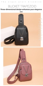 Détail des sacs de poitrine en cuir avec rivets en V en noir et rose pour femmes