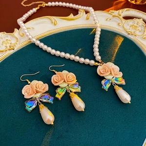 French Elegant Imitation Artificial Pearl Necklace And Earrings With Resin Rose Butterfly Bow And 925 Sterling Silver Earring Post