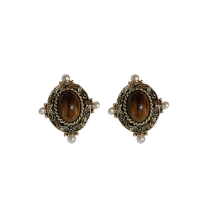 Vintage gold tiger eye stud earrings with faux pearls in a geometric court style