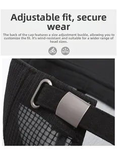Detail of adjustable metal buckle and breathable mesh fabric on men's baseball cap