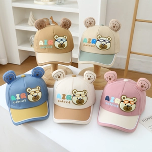 Kids baseball caps with teddy bear ears and cartoon air goggles patches in multiple colors