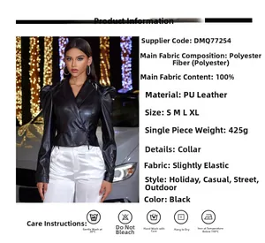 Detailed chart showing PU leather jacket specs with 100% polyester fabric and bubble sleeves