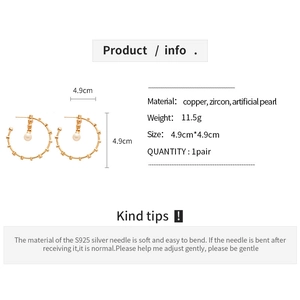 Detailed technical diagram showing dimensions of gold bamboo-style hoop earrings with pearls