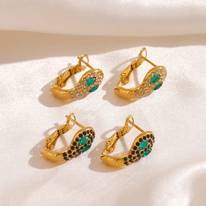 Boucles D'oreilles Créoles Serpent Plaqué Or Acier Inoxydable Rétro Design Animal Zircon Noir Vert Bijoux Femmes
