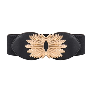 Elastic black waist belt for women featuring a stylish gold flower-shaped metal buckle