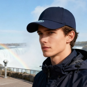 Navy blue fitted baseball cap for men with waterfall and rainbow landscape background