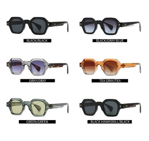Collage of retro rectangular sunglasses in six assorted colors on a white background