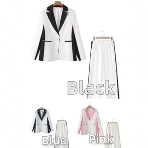 Detailed comparison of two-piece blazer suits in black, blue, and pink color block designs