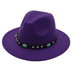 Detail of purple wool fedora hat featuring turquoise stones and silver metal rivets