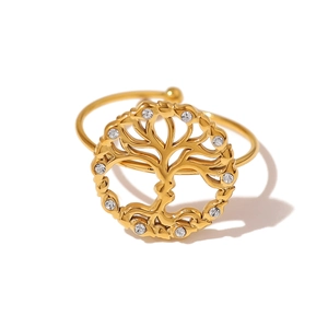 Golden Tree of Life ring with white zircon stones on a clean white background