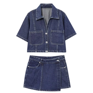 Veste En Jean À Manches Courtes Pour Femmes Et Jupe-Culotte Asymétrique Bleu Foncé Coutures Contrastées Streetwear