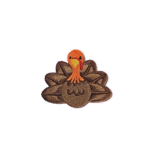 Detailed Thanksgiving turkey embroidery patch with colorful brown and orange stitching