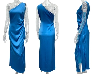 Detailed front and back views of blue satin one-shoulder dress with side slit detail