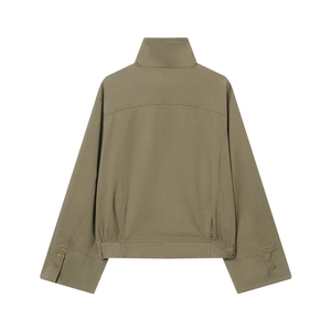 Women's olive green stand collar short jacket with belt decor and back utility stitching