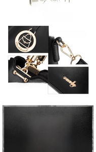 Detailed macro view of black PU leather texture and gold hardware on fashion handbag
