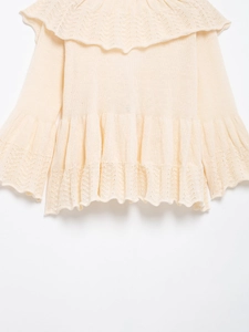 Detail of cream knit sweater showing ruffled neckline and hollow lace knit textures