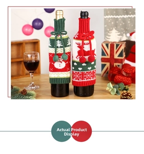 Close-up of festive knitted wine bottle covers featuring snowman and reindeer holiday patterns