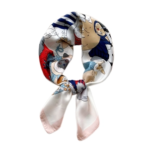 Elegant small square silk scarf with colorful cat prints on creamy white background