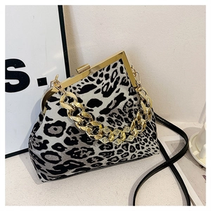 Close-up of leopard print handbag with gold metal frame and chunky chain strap