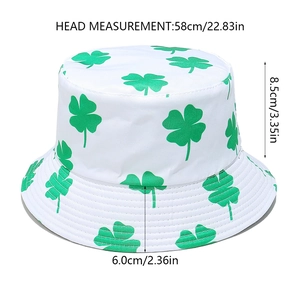 Detailed sizing chart for white bucket hat featuring green shamrock prints and measurements