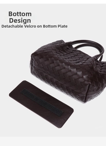 Detail view of woven leather bag base with a removable bottom plate and velcro strap