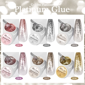 Set of 6 glitter platinum nail gels in multiple sparkling shades with 5g jars