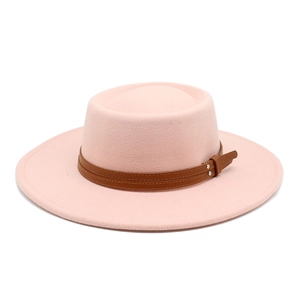 Pink flat top wool hat with wide brim and double buckle leather band for women