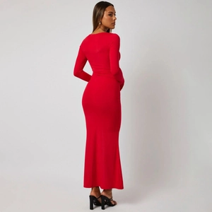 Slim fit long sleeve red maxi dress with sexy U-neck and slit for women