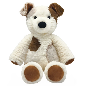 Cute stuffed puppy plush toy with scarf in seated pose and brown patches on white fur