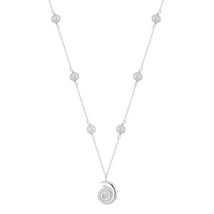 Elegant S925 sterling silver shell pendant necklace with white pearls on a silver chain