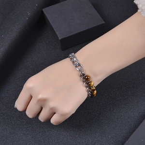 Double-layer men's bracelet with silver metal chain and tiger eye natural stone beads