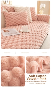 Detail of pink bubble fleece sofa cushion with soft texture and refined stitching