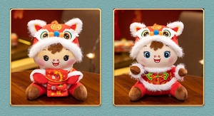 Detailed view of Zodiac Horse plush dolls in red Tang suits with lion dance hats.